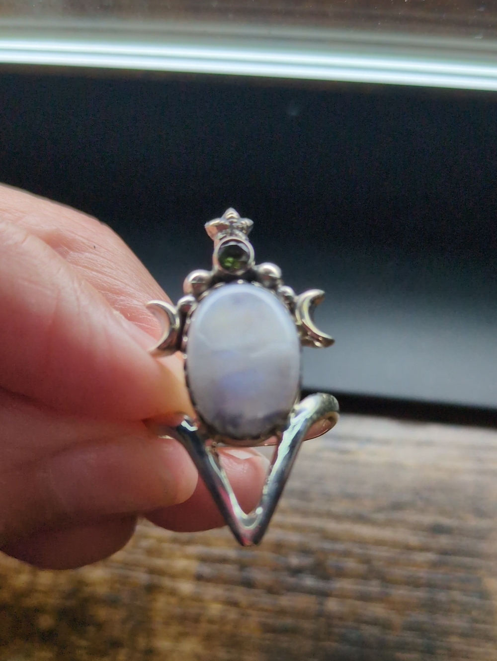 Moonstone and Peridot Crescent Silver Ring